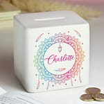 Personalised Dreamcatcher Ceramic Square Money Box - ItJustGotPersonal.co.uk