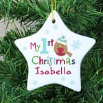 Personalised Felt Stitch Robin 'My 1st Christmas' Ceramic Star Decoration - ItJustGotPersonal.co.uk
