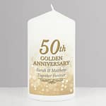 Personalised 50th Golden Anniversary Pillar Candle - ItJustGotPersonal.co.uk