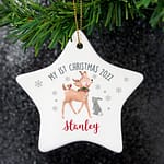 Personalised 1st Christmas Festive Fawn Ceramic Star Decoration - ItJustGotPersonal.co.uk