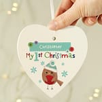 Personalised Felt Stitch Robin 'My 1st Christmas' Wooden Heart Decoration - ItJustGotPersonal.co.uk