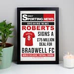 Personalised Football Signing Newspaper A4 Black Framed Print - ItJustGotPersonal.co.uk