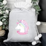 Personalised Christmas Unicorn Luxury Silver Grey Pom Pom Sack - ItJustGotPersonal.co.uk