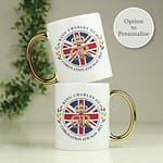 Personalised King Charles III Union Jack Coronation Commemorative Gold Handled Mug - ItJustGotPersonal.co.uk