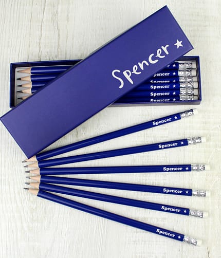 Personalised Star Box and 12 Blue HB Pencils - ItJustGotPersonal.co.uk
