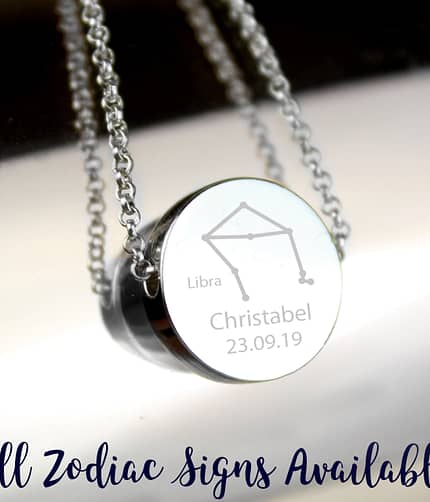 Personalised Libra Zodiac Star Sign Silver Tone Necklace (September 23rd - October 22nd) - ItJustGotPersonal.co.uk
