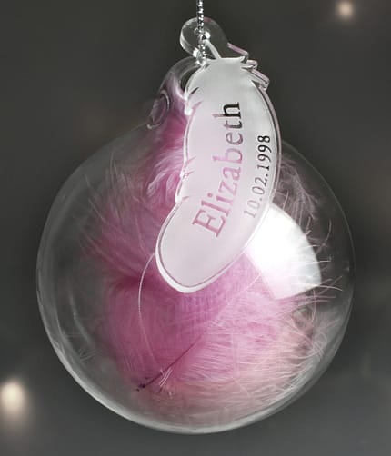 Personalised Name & Date Pink Feather Glass Bauble - ItJustGotPersonal.co.uk