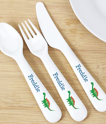 Personalised Dinosaur 3 Piece Plastic Cutlery Set - ItJustGotPersonal.co.uk