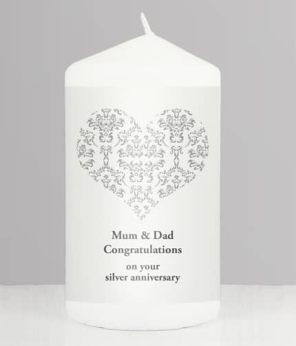 Personalised Silver Damask Heart Pillar Candle - ItJustGotPersonal.co.uk