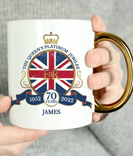 Personalised Union Jack Platinum Jubilee Gold Handled Mug - ItJustGotPersonal.co.uk