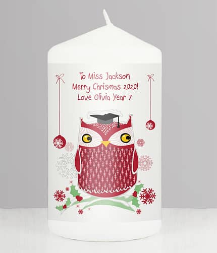 Personalised Christmas Owl Teacher Pillar Candle - ItJustGotPersonal.co.uk