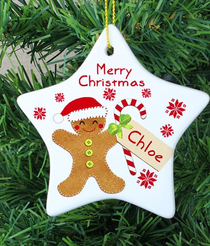 Personalised Felt Stitch Gingerbread Man Ceramic Star Decoration - ItJustGotPersonal.co.uk