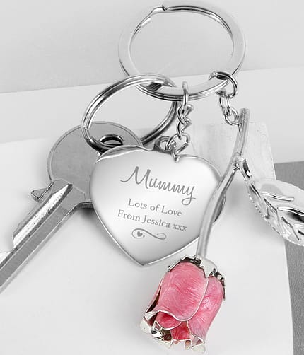 Personalised Silver Plated Swirls & Hearts Pink Rose Keyring - ItJustGotPersonal.co.uk
