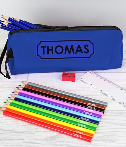 Blue Pencil Case with Personalised Pencils & Crayons - ItJustGotPersonal.co.uk