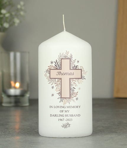 Personalised Floral Cross Pillar Candle - ItJustGotPersonal.co.uk