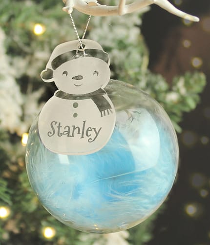 Personalised Snowman Acrylic Blue Feather Bauble - ItJustGotPersonal.co.uk