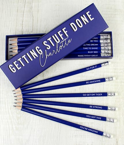 Personalised Getting Stuff Done Box and 12 Blue HB Pencils - ItJustGotPersonal.co.uk