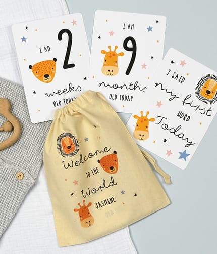 Personalised Scandi Safari Animals Milestone Cards in Drawstring Bag - ItJustGotPersonal.co.uk
