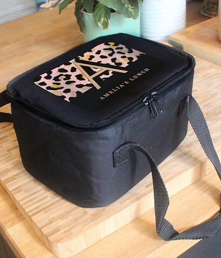 Personalised Leopard Print Black Lunch Bag - ItJustGotPersonal.co.uk