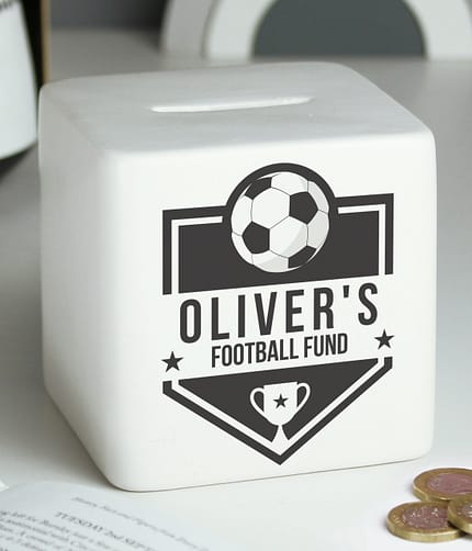 Personalised Football Badge Ceramic Square Money Box - ItJustGotPersonal.co.uk