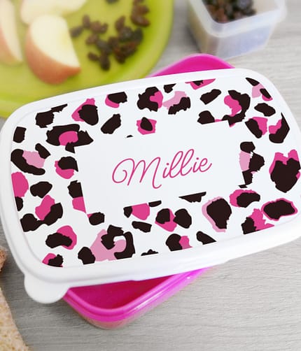 Personalised Leopard Print Name Only Pink Lunch Box - ItJustGotPersonal.co.uk