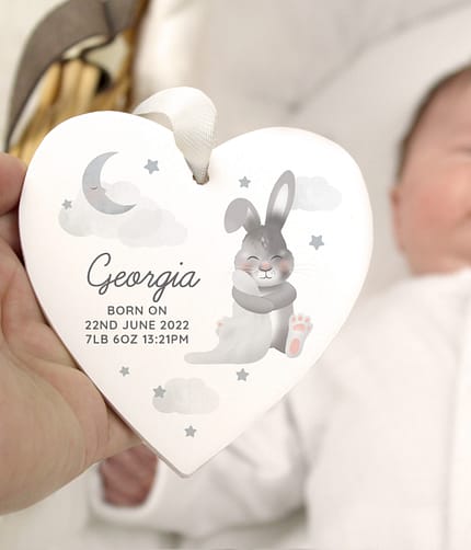 Personalised Baby Bunny Wooden Heart Decoration - ItJustGotPersonal.co.uk