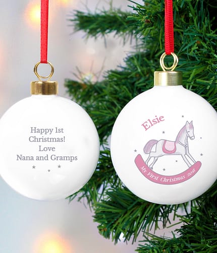 Personalised 1st Christmas Pink Rocking Horse Bauble - ItJustGotPersonal.co.uk