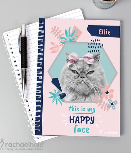 Personalised Rachael Hale 'Happy Face' Cat A5 Notebook - ItJustGotPersonal.co.uk