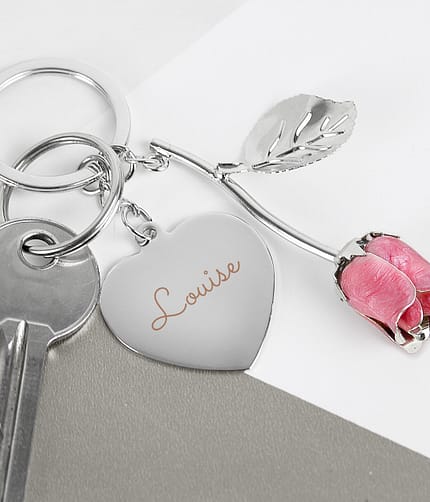 Personalised Silver Plated Name Pink Rose Keyring - ItJustGotPersonal.co.uk