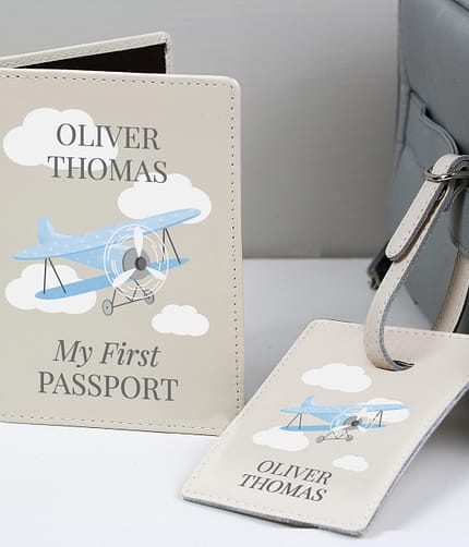 Personalised Blue Plane Passport Holder & Luggage Tag Set - ItJustGotPersonal.co.uk