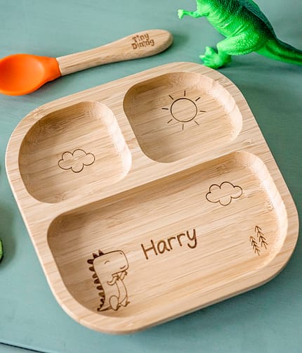 Personalised Dinosaur Bamboo Suction Plate & Spoon - ItJustGotPersonal.co.uk