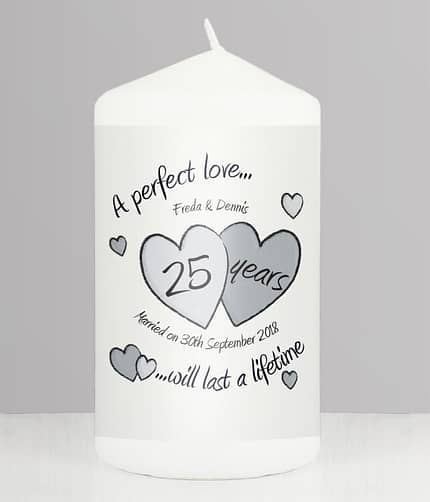 Personalised A Perfect Love Silver Anniversary Pillar Candle - ItJustGotPersonal.co.uk