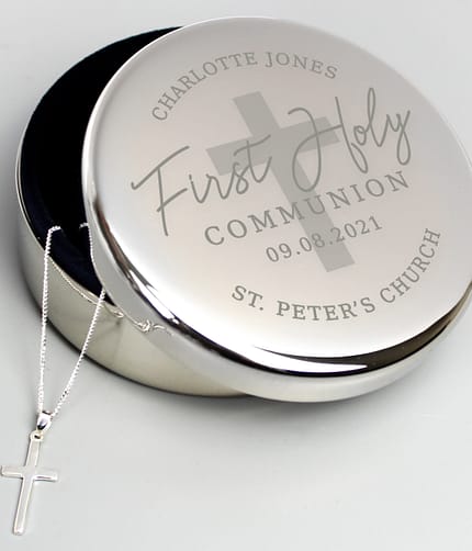 Personalised First Holy Communion Round Trinket Box & Cross Necklace Set - ItJustGotPersonal.co.uk