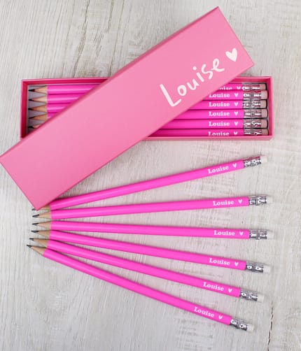 Personalised Heart Box and 12 Pink HB Pencils - ItJustGotPersonal.co.uk
