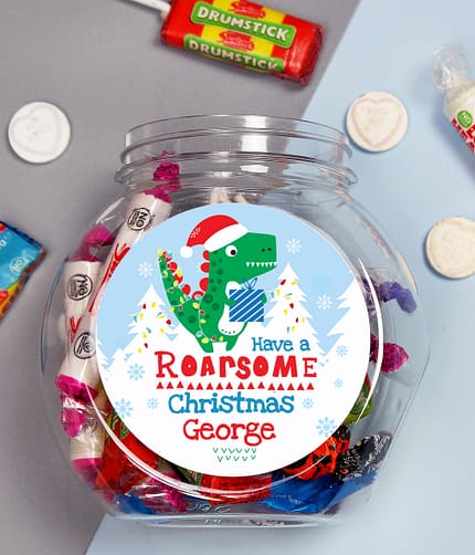 Personalised Dinosaur 'Have a Roarsome Christmas' Sweet Jar - ItJustGotPersonal.co.uk