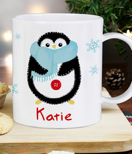 Personalised Felt Stitch Penguin Plastic Mug - ItJustGotPersonal.co.uk