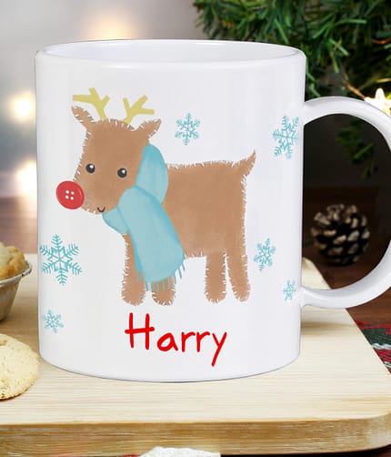 Personalised Felt Stitch Reindeer Plastic Mug - ItJustGotPersonal.co.uk