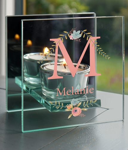 Personalised Floral Bouquet Mirrored Glass Tea Light Candle Holder - ItJustGotPersonal.co.uk
