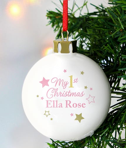 Personalised Gold & Pink Stars My 1st Christmas Bauble - ItJustGotPersonal.co.uk