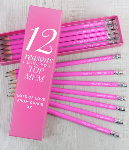Personalised 12 Reasons Box and 12 Pink HB Pencils - ItJustGotPersonal.co.uk