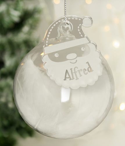 Personalised White Santa Feather Glass Bauble - ItJustGotPersonal.co.uk