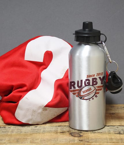 Personalised Rugby Silver Drinks Bottle - ItJustGotPersonal.co.uk