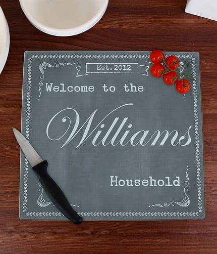 Personalised Family Chalk Glass Chopping Board/Worktop Saver - ItJustGotPersonal.co.uk