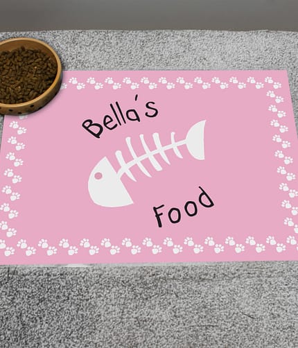 Personalised Pink Fish Bone Cat Pet Bowl Mat - ItJustGotPersonal.co.uk