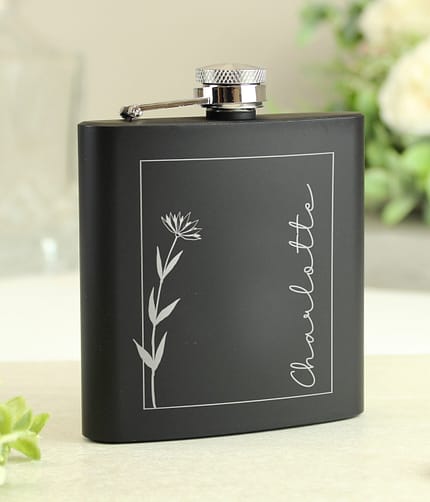 Personalised Monochrome Floral Name Wedding Party Black Hip Flask - ItJustGotPersonal.co.uk