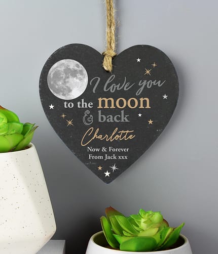 Personalised Moon and Back Slate Heart Decoration - ItJustGotPersonal.co.uk