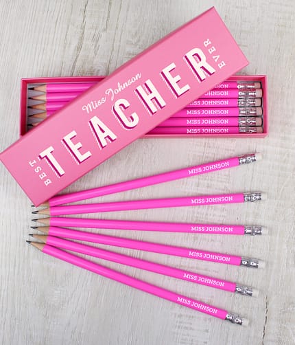 Personalised Best Teacher Ever Box and 12 Pink HB Pencils - ItJustGotPersonal.co.uk