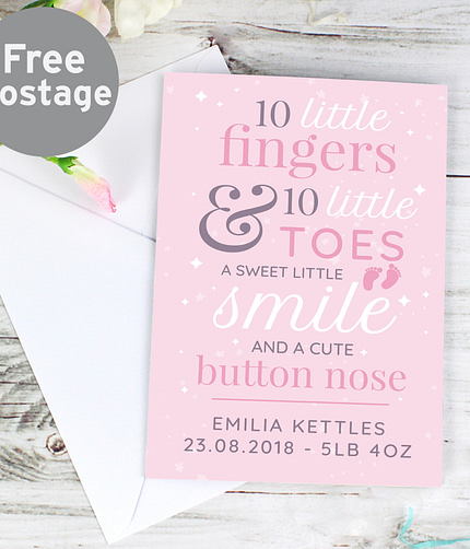 Personalised '10 Little Fingers' Pink Baby Card - ItJustGotPersonal.co.uk