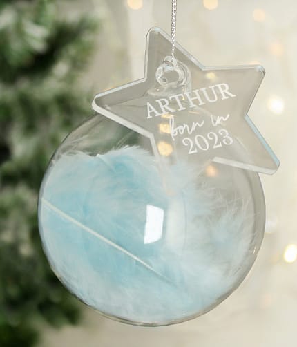 Personalised Born In Blue Feather Glass Bauble With Star Tag - ItJustGotPersonal.co.uk