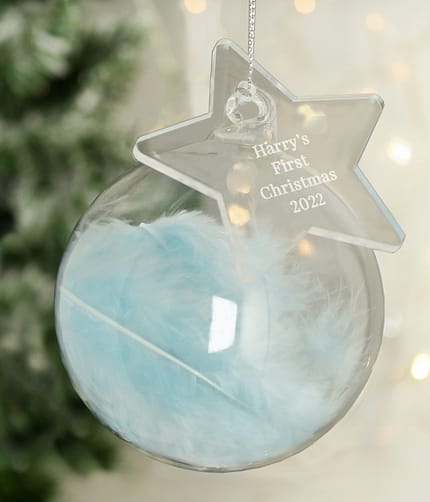 Personalised Free Text Blue Feather Glass Bauble With Star Tag - ItJustGotPersonal.co.uk